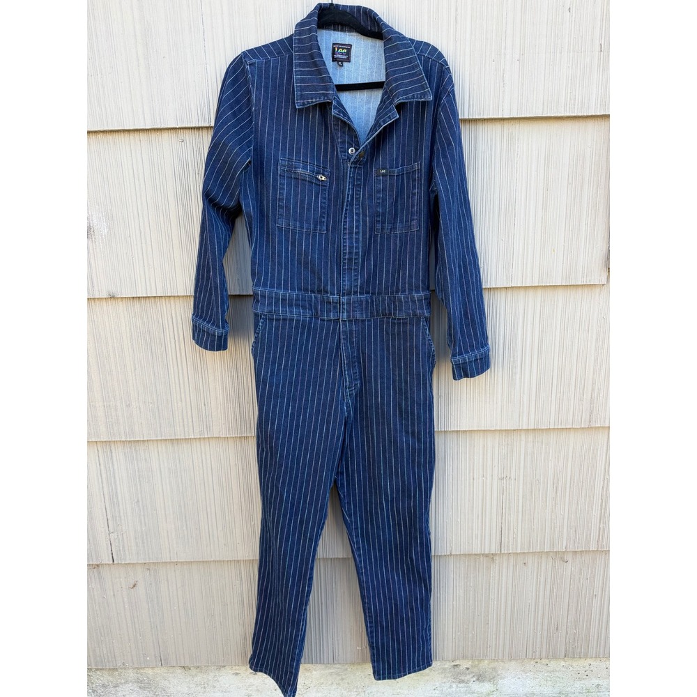 Lee Rainbow Pinstripe Denim Coverall Jumpsuit Dark Wash Long Sleeve Size M